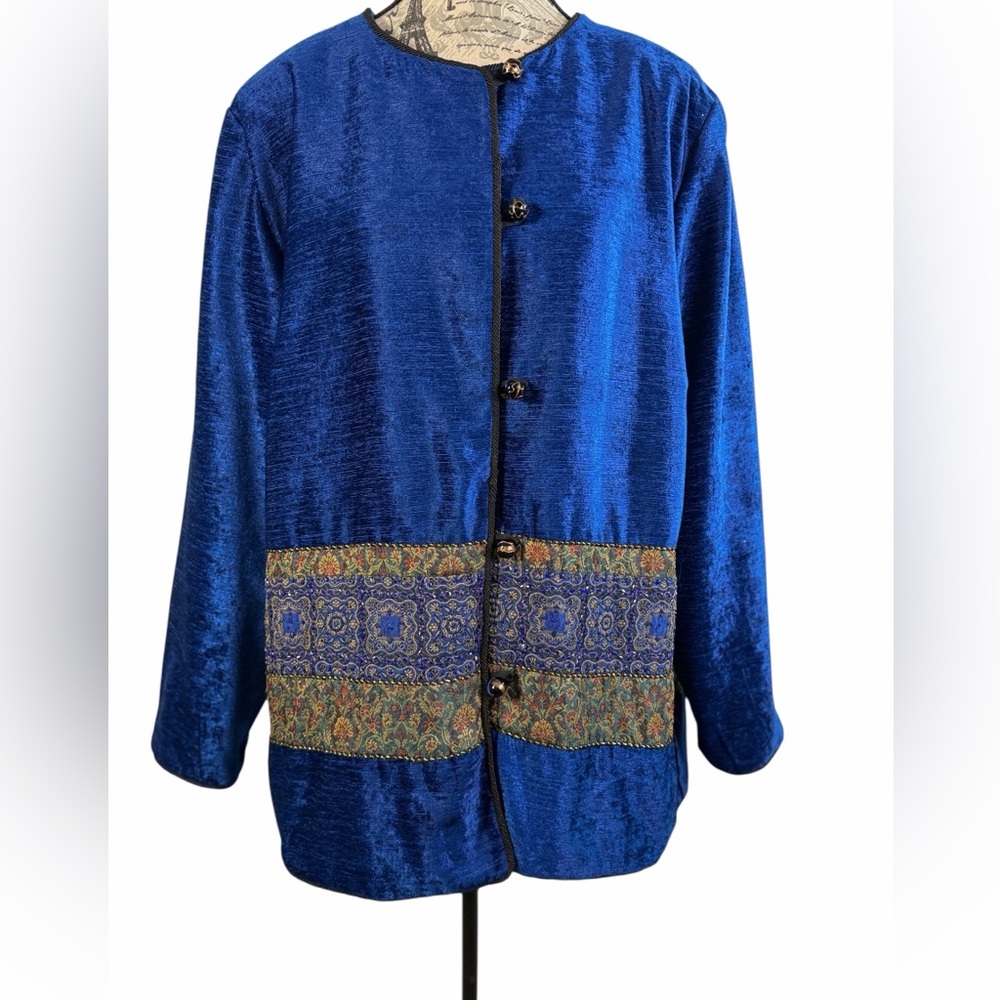 Vintage Stephanie Thomas Sport Cobalt Blue Velvet Beaded Jacket Size 16 - Picture 2 of 12